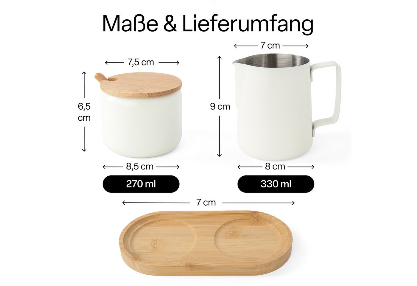 MiaMio Milch- und Zuckerset mit Serviertablett, mattweiß (5-tlg), Edelstahl, Sahnekännchen 330 ml und Zuckerdose 270 ml – Bild 3 von 5