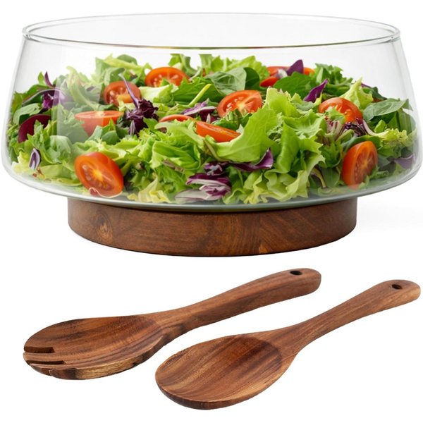 MiaMio Salatschüssel 3,5 l mit Holzständer und Salatbesteck, Glas, (Set, 4-tlg), Glasschüssel spülmaschinengeeignet