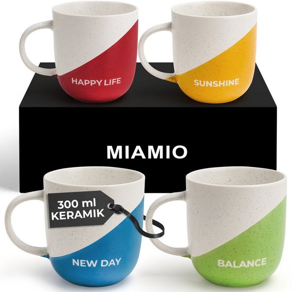 MiaMio Tasse Happy Life, 4-tlg., Keramik, Spruchmotiv, 300 ml