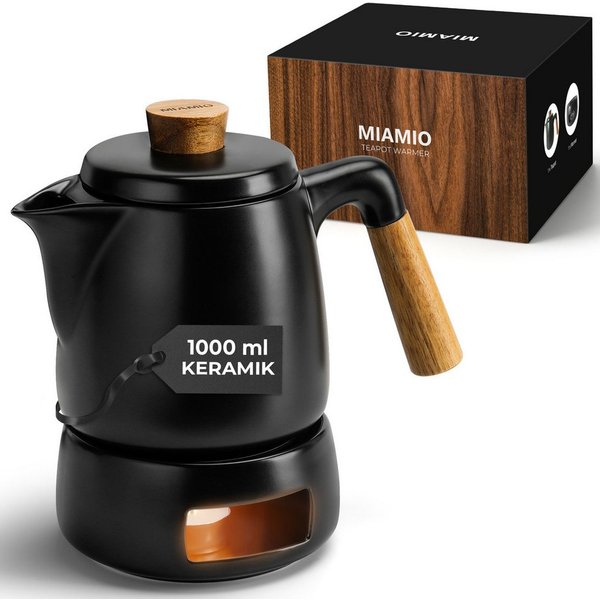 MiaMio Teeservice Teekanne mit Stövchen und Siebeinsatz, 1 l, Schwarz (3-tlg), Keramik, mit Stövchen und Siebeinsatz, 1 l