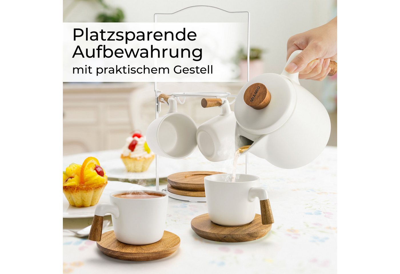 MiaMio Teeservice Teekannen-Set mit Gestell, weiß, Keramik – Bild 3 von 4