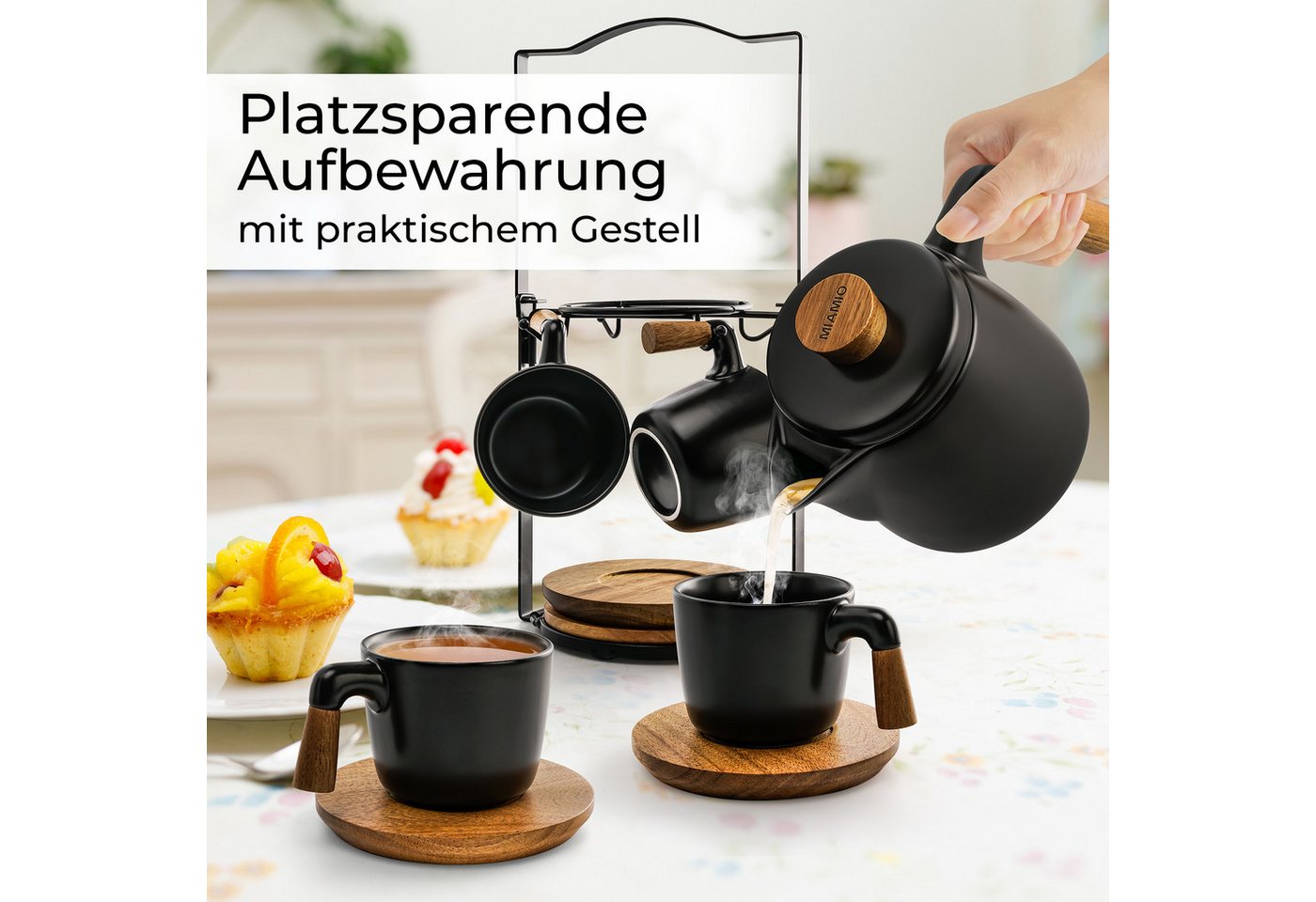 MiaMio Teeservice Teekannen-Set mit Gestell, schwarz, Keramik – Bild 3 von 4
