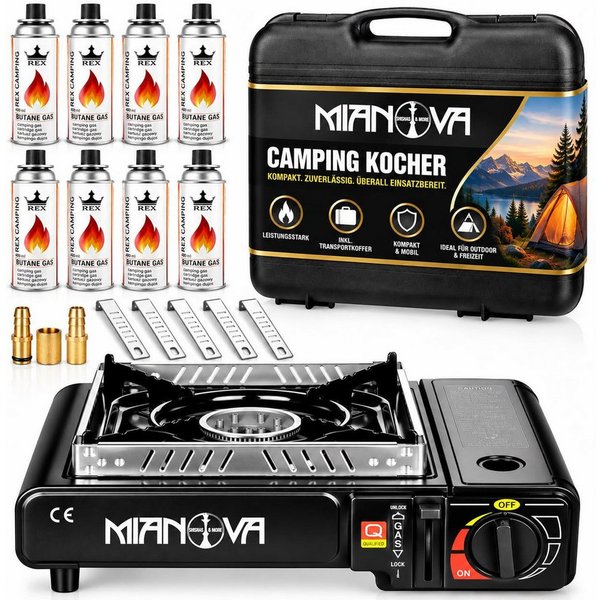 Mianova Gaskocher Campingkocher 2in1 LPG Anschluss Tischkocher+ 8 Gasflaschen + Koffer, (Outdoor Gaskocher mit Adapter, Tragekoffer und Piezzo-Zündung), Notfall