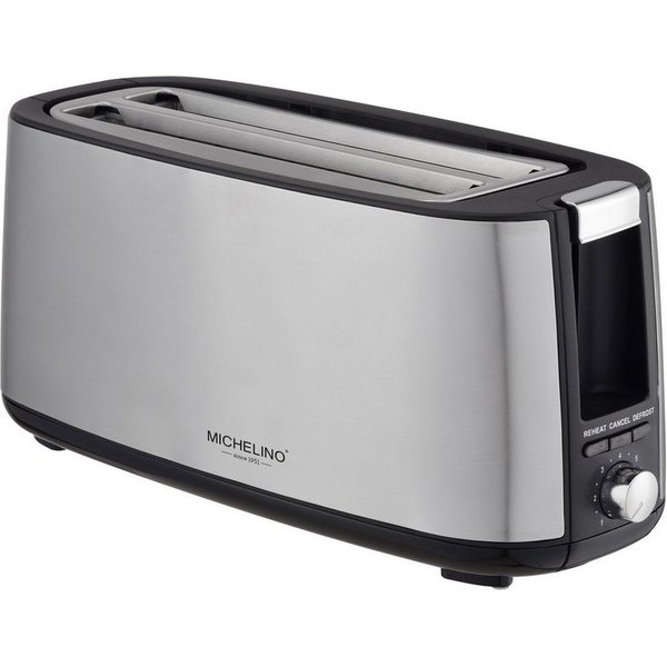 Michelino Toaster Edelstahl 4-Scheiben Langschlitz-Toastautomat Langschlitztoaster, 2 lange Schlitze, Brötchenausatz, Krümelschublade