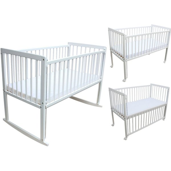 Micoland Beistellbett Kinderbett / Beistellbett / Wiege 3in1 120x60cm mit Matratze weiß