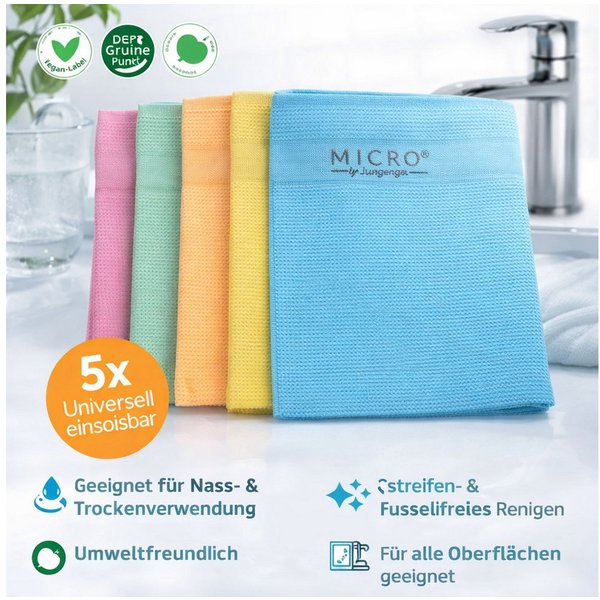 Micro by Jungengel Premium Reinigungstücher Geschirrtücher Allzwecktücher Mikrofasertuch Mikrofasertuch (20% Polyamide&80% Polyester, 42x68 cm, 5-tlg., Vegan-La