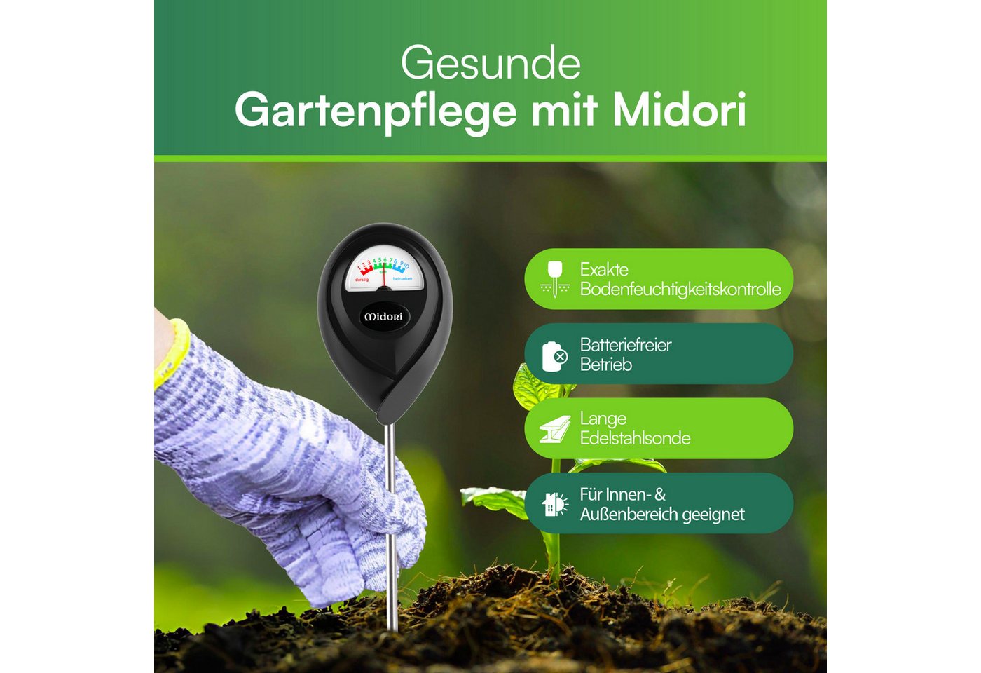 Midori Hygrometer, (3-St), 3 x Midori Boden-Feuchtigkeitsmesser Messgerät Hydrometer Schwarz – Bild 2 von 5