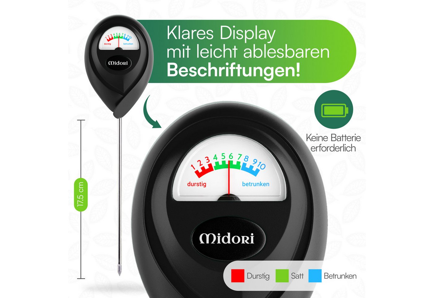 Midori Hygrometer, (3-St), 3 x Midori Boden-Feuchtigkeitsmesser Messgerät Hydrometer Schwarz – Bild 3 von 5