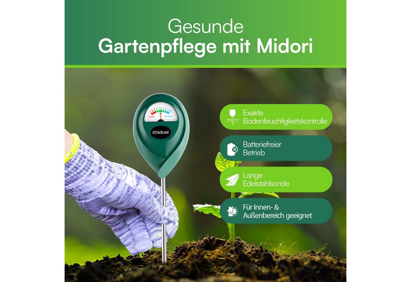 Midori Hygrometer, (3-St), 3 x Midori Boden-Feuchtigkeitsmesser Messgerät Hydrometer Grün 17,5cm – Bild 2 von 5