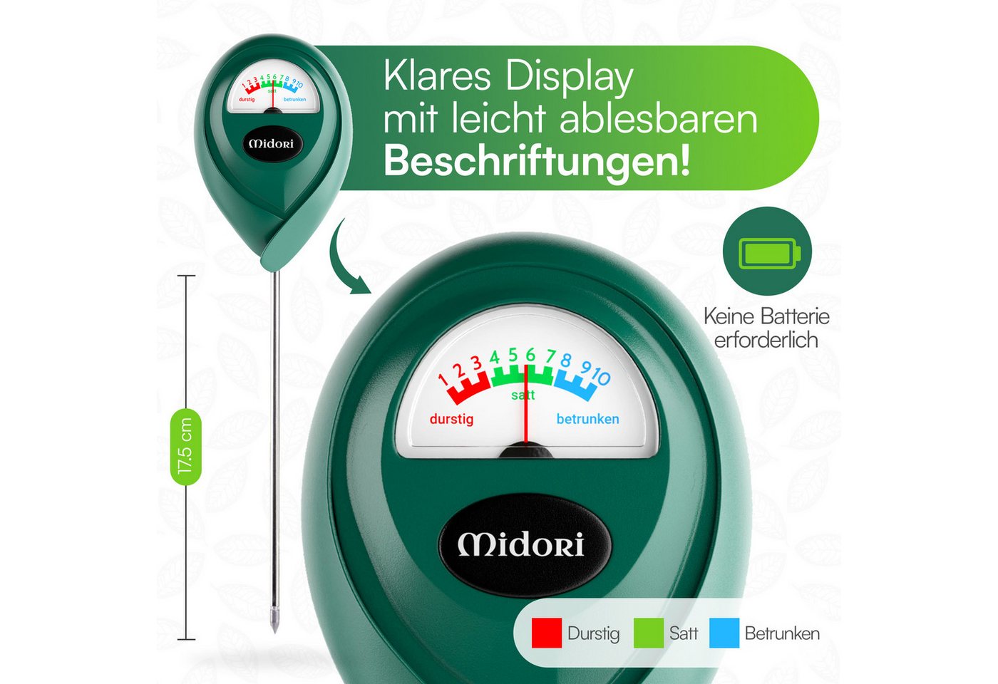 Midori Hygrometer, (1-St), 1 x Midori Boden-Feuchtigkeitsmesser Messgerät Hydrometer Grün 17,5cm – Bild 3 von 5