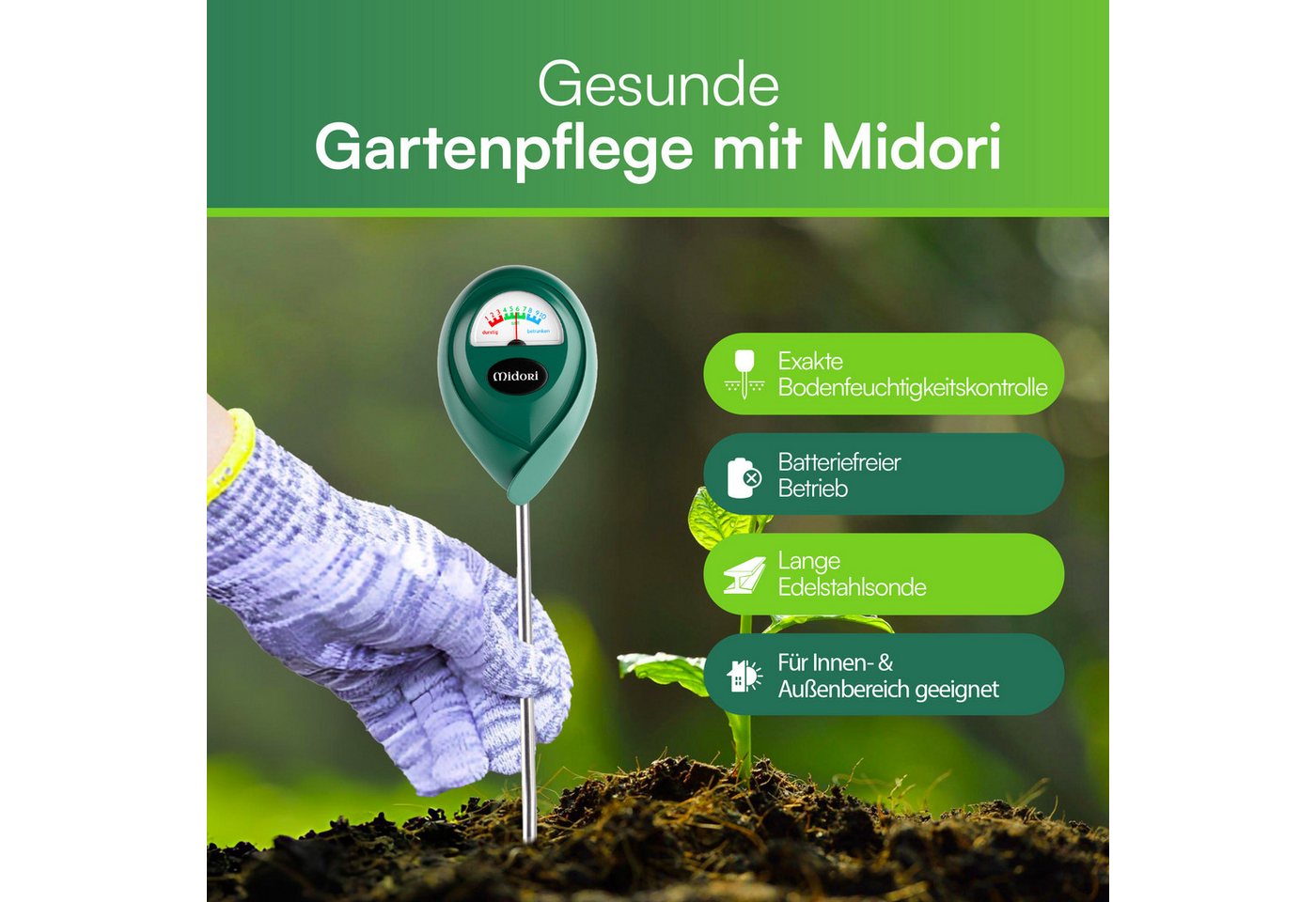 Midori Hygrometer, (1-St), 1 x Midori Boden-Feuchtigkeitsmesser Messgerät Hydrometer Grün 31,2cm – Bild 2 von 5