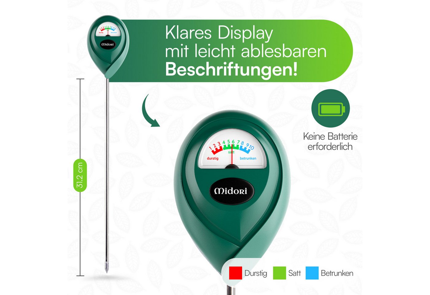 Midori Hygrometer, (1-St), 1 x Midori Boden-Feuchtigkeitsmesser Messgerät Hydrometer Grün 31,2cm – Bild 3 von 5
