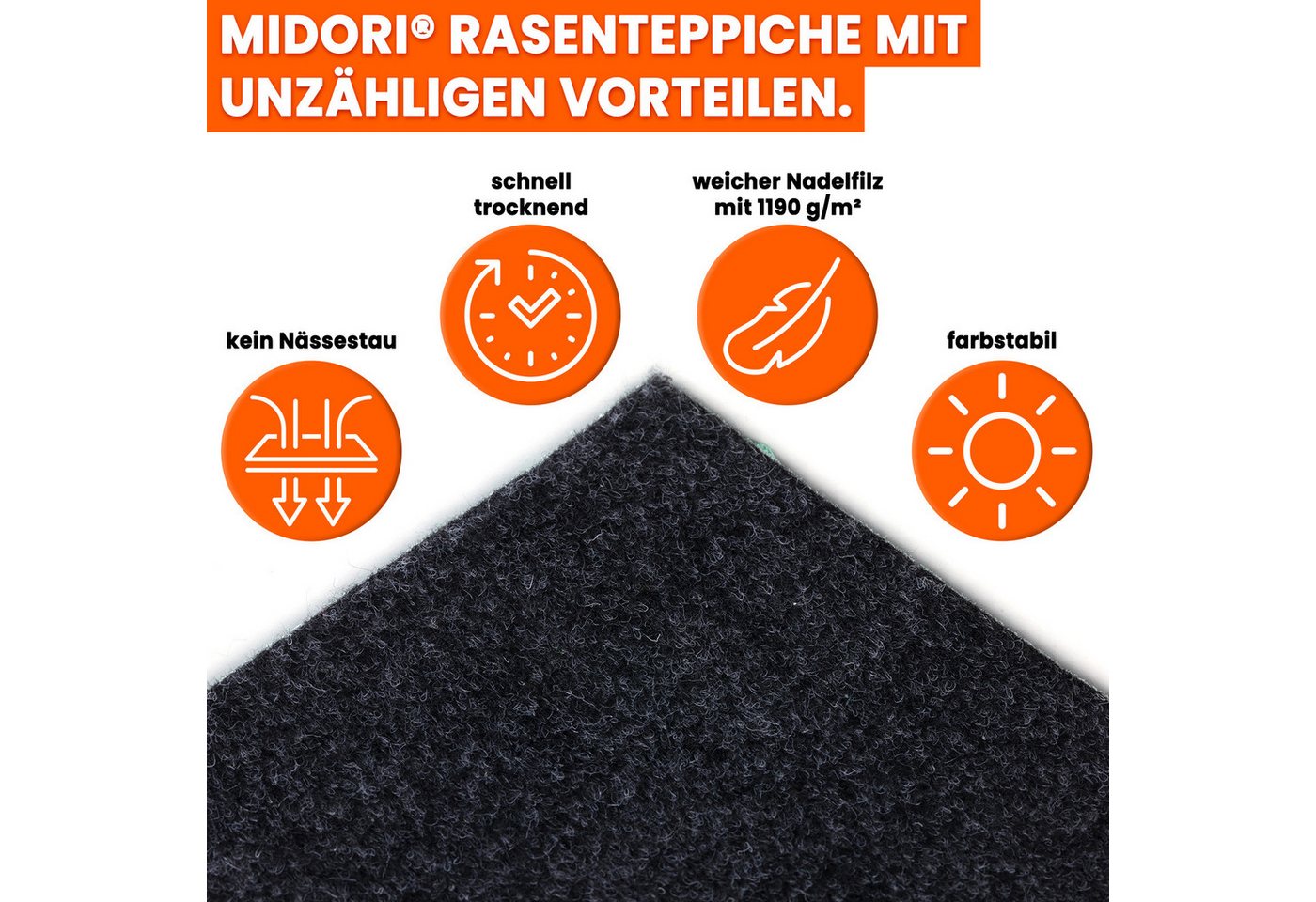 Midori Rasenteppich, Rasenteppich Kunstrasen Drainage-Noppen 100x50 cm Schwarz – Bild 2 von 5
