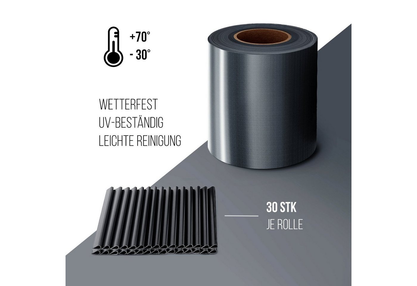 Midori Sichtschutzstreifen, (Packung, 1 Rolle PVC - Sichtschutz = 6,65 m² + 30 Befestigungsclips), Sichtschutzstreifen Zaunblende 35m Rolle 19 cm PVC Zaunfolie  – Bild 2 von 5