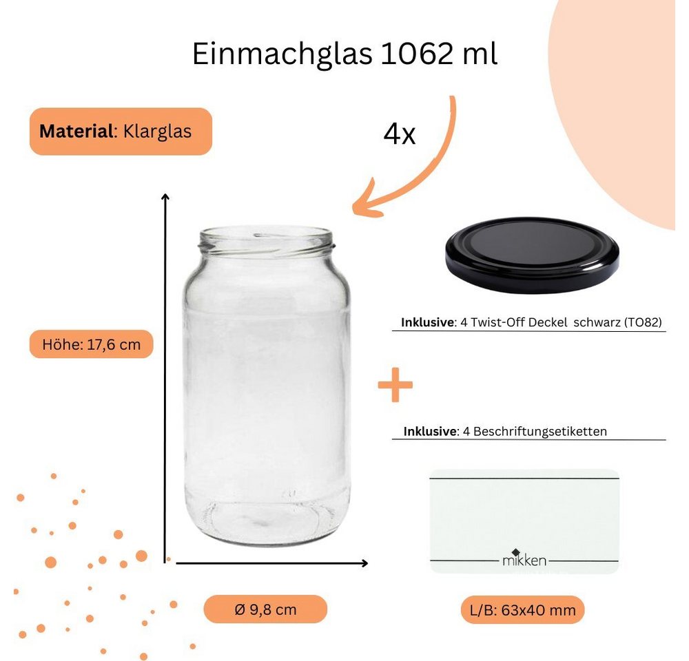 mikken Einmachglas 4x Einmachglas 1062 ml mit Deckel, Deckel in verschiedenen Farben – Bild 4 von 4