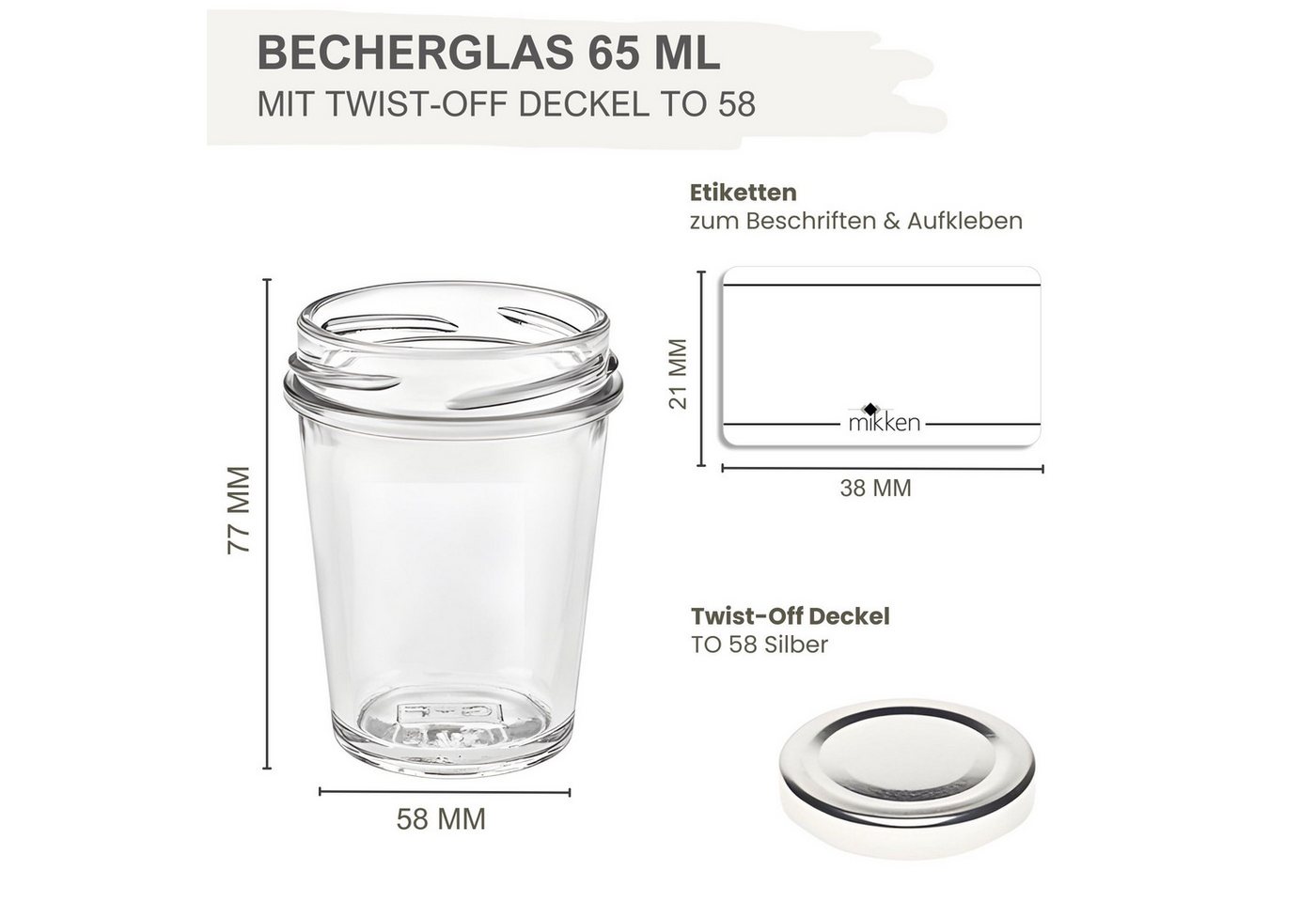 mikken Einmachglas kleine Bechergläser 65 ml mini Gläschen mit Etiketten, (Spar-Set, 20er Set), Sturzform – Bild 4 von 5