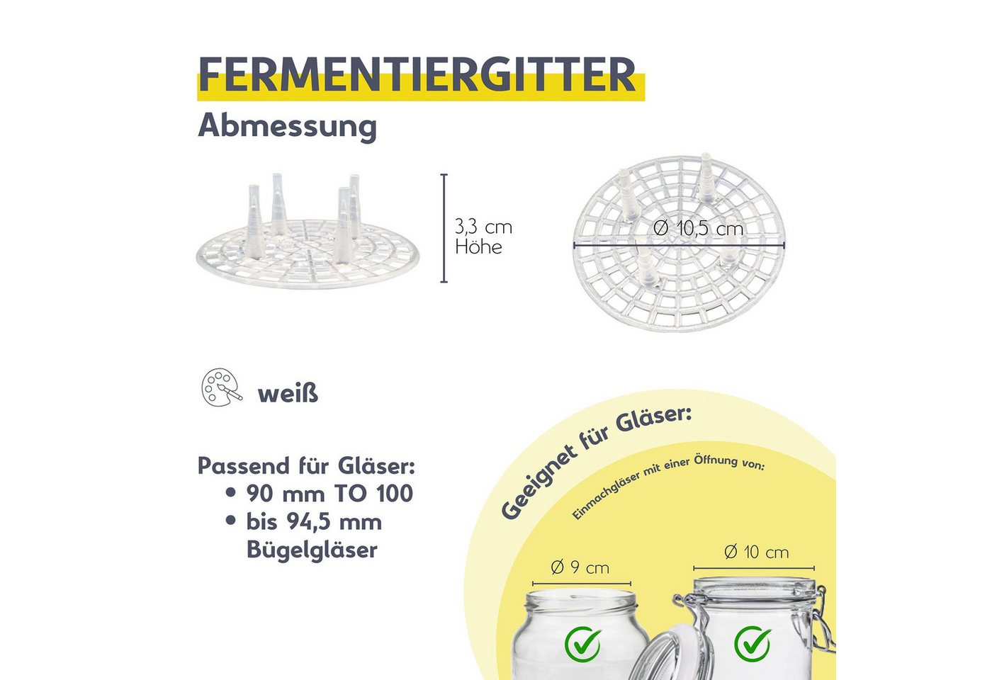 mikken Fermentationsdeckel Fermentiergitter Eintauchgitter Ø 10,5 cm passend für TO100 Gläser, (Spar-Set, 15-tlg), PVC-frei, Ø 10 cm, Öffnung 90-94 mm – Bild 2 von 5