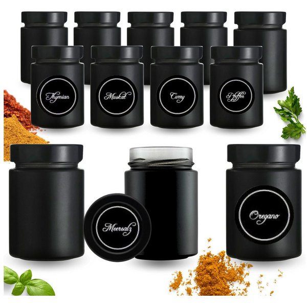 mikken Gewürzbehälter 12 Gewürzgläser 190 ml schwarz mit Deckel und 24 Gewürzetiketten
