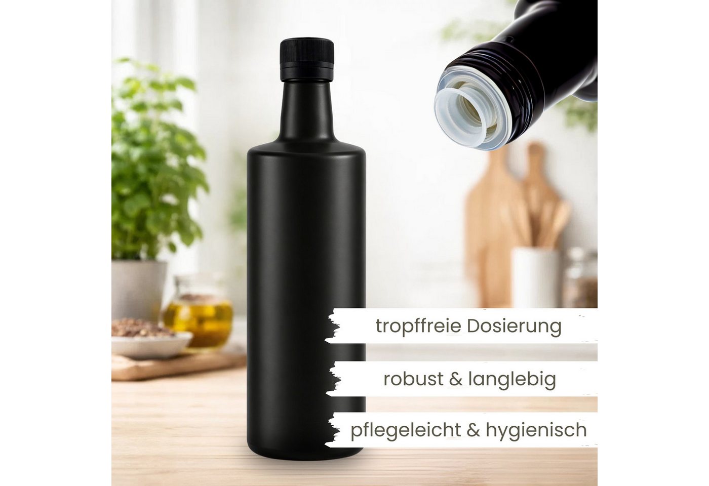 mikken Ölspender 2x Ölflasche 500 ml schwarz mit Ausgießer & Etiketten, UV-Schutz, mit Originalitätsring, 0,5 Liter, matt schwarz – Bild 2 von 4