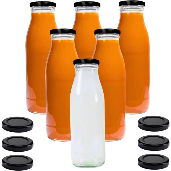 mikken Trinkflasche 6er Set Milchflaschen 500 ml mit Schraubdeckel plus 6 Erssatzdeckel, Fassungsvermögen: 0,5 Liter