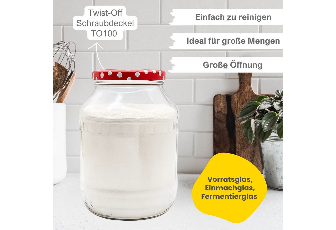 mikken Vorratsglas 6 große Einmachgläser 2650 ML, (Spar-Set, 6er Set Vorratsgläser), mit Twist-Off Deckel TO100 und 6 Etiketten zum Beschriften – Bild 2 von 3