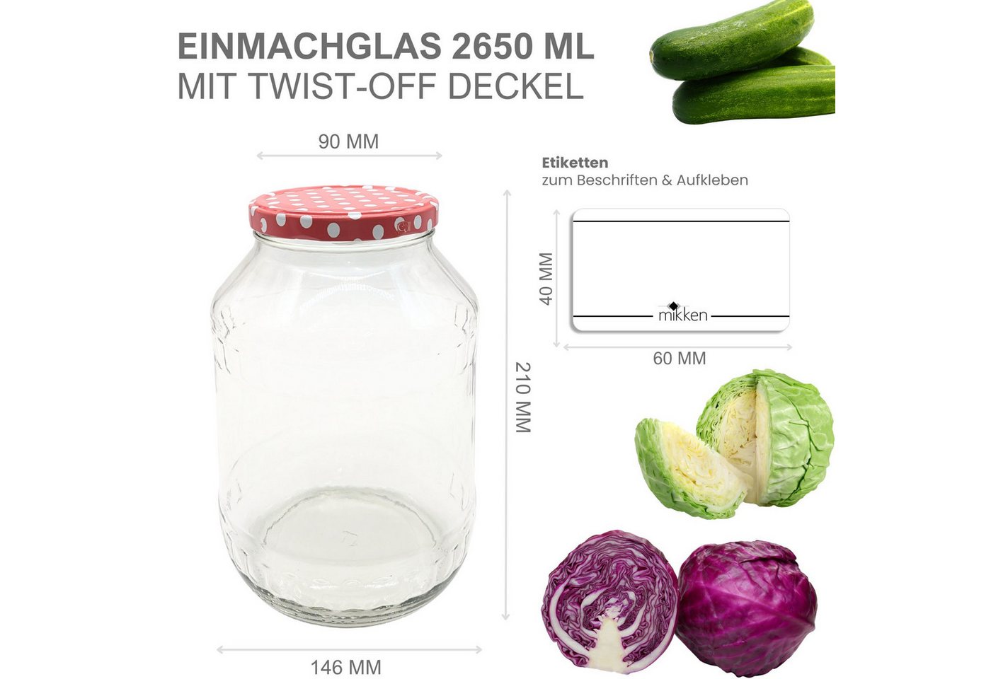mikken Vorratsglas 6 große Einmachgläser 2650 ML, (Spar-Set, 6er Set Vorratsgläser), mit Twist-Off Deckel TO100 und 6 Etiketten zum Beschriften – Bild 3 von 3