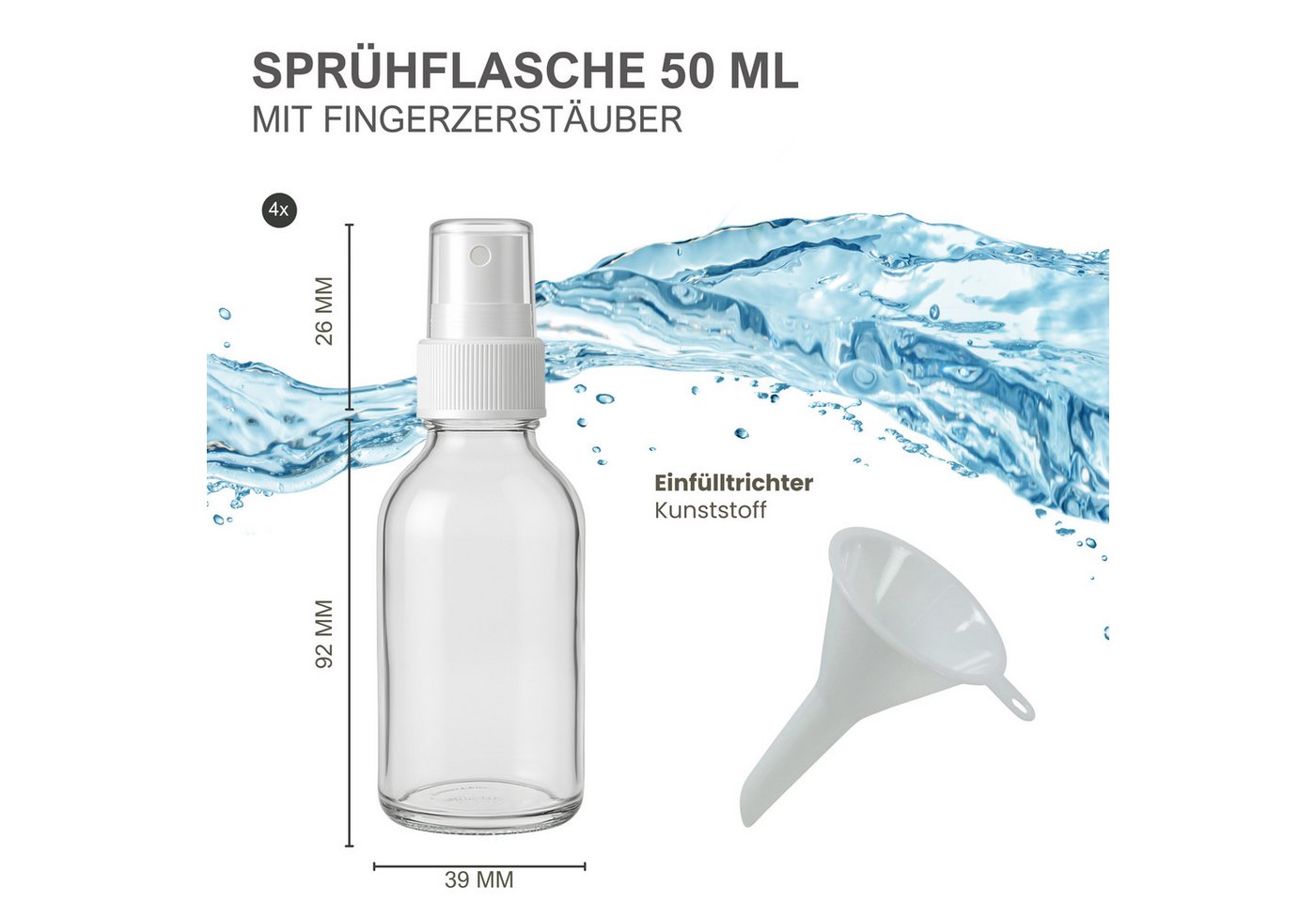 mikken Zerstäuberflasche 4er Set Sprühflasche 50 ml Glas Apothekerflasche mit Zerstäuber, Apothekerqualität – Bild 2 von 3