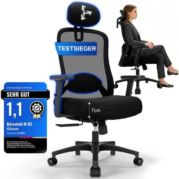 Milacyee Bürostuhl Chefsessel Wippfunktion 200kg belastbar ergonomisch,Bürostuhl (Verstellbare und feststellbare Lendenstütze + Kopfstütze + höhenverstellbare A