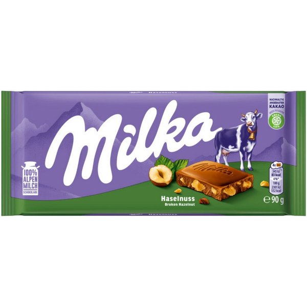 MILKA Schokolade, Milka Alpenmilch Schokolade mit knackigen Haselnussstückchen 90g