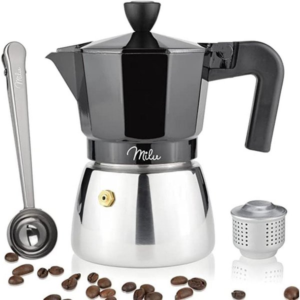 Milu Espressokocher, Espressokocher Induktion Aluminium Edelstahl, Schwarz