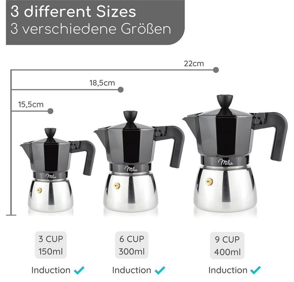 Milu Espressokocher, Espressokocher Induktion Aluminium Edelstahl, Schwarz – Bild 3 von 5