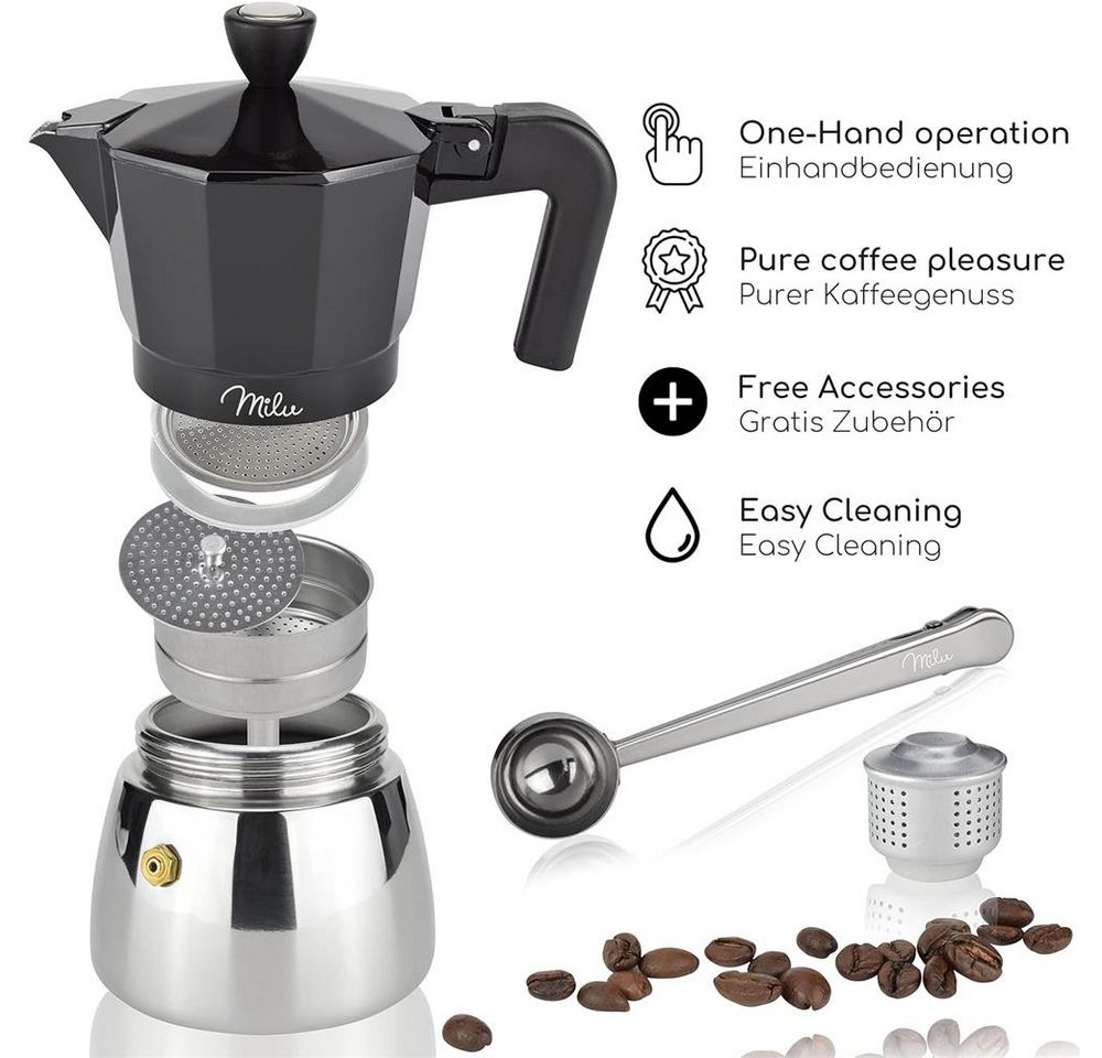 Milu Espressokocher, Espressokocher Induktion Aluminium Edelstahl, Schwarz – Bild 4 von 5