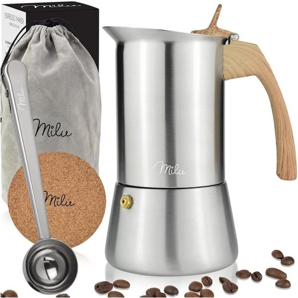 Milu Espressokocher, Edelstahl 4 Tassen, 200 ml, Holzoptik Griff, Induktion, 7-tlg. Set
