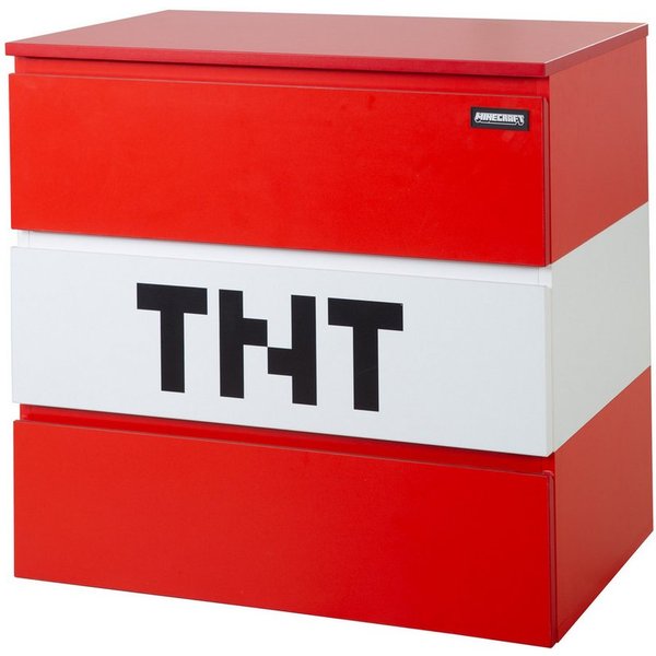 Minecraft Kommode TNT mit 3 Schubladen - roter / weißer Korpus aus Holz, Sideboard aus Holz mit Soft-Close - in Minecraft TNT Design