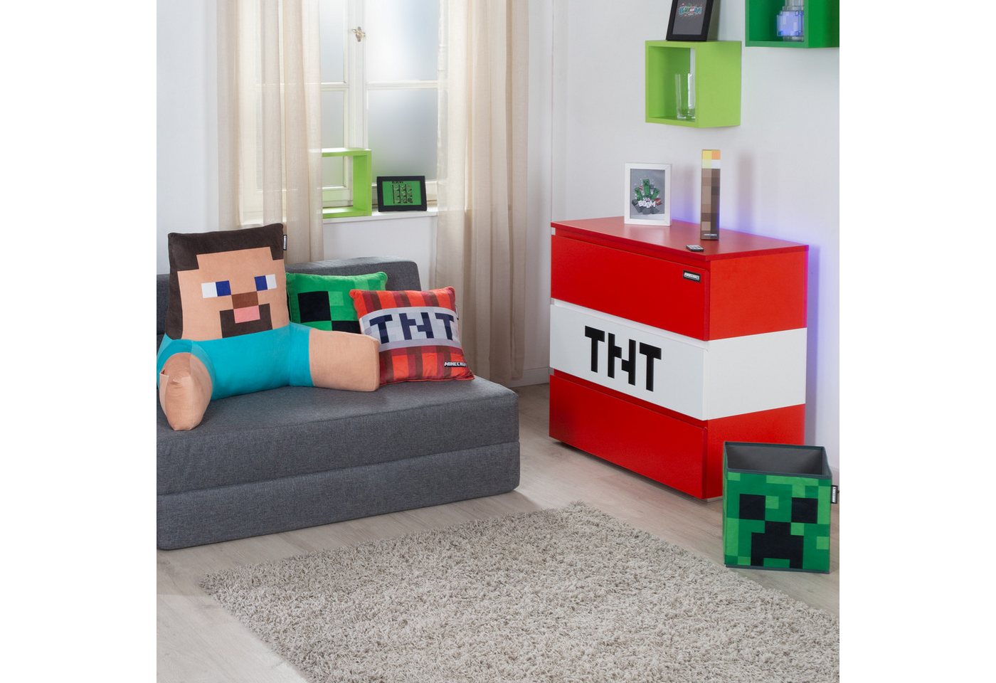 Minecraft Kommode TNT mit 3 Schubladen - roter / weißer Korpus aus Holz, Sideboard aus Holz mit Soft-Close - in Minecraft TNT Design – Bild 2 von 5