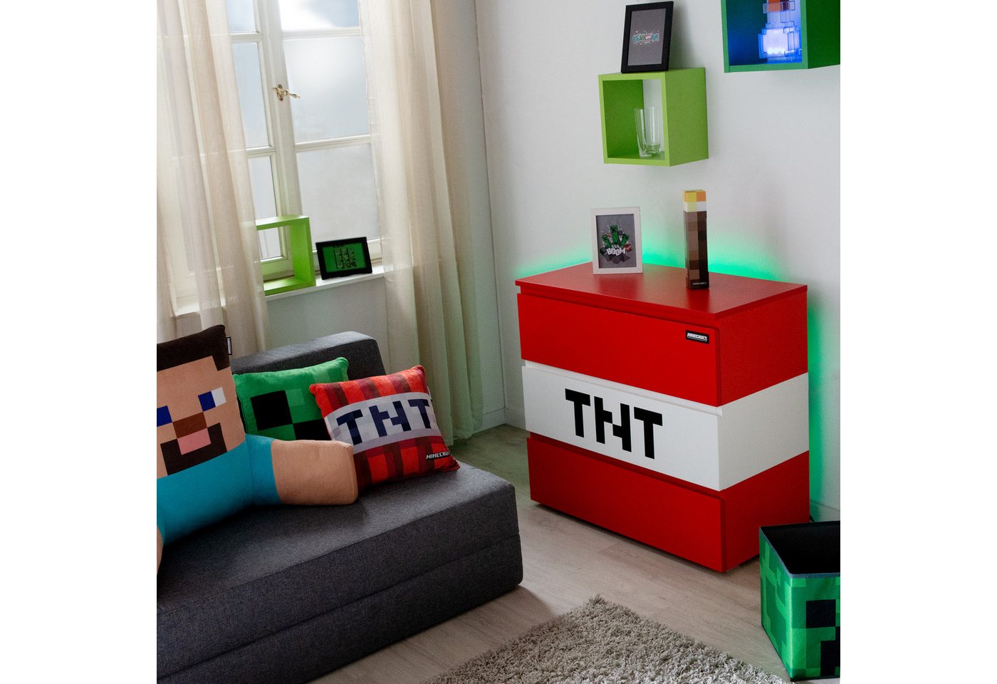 Minecraft Kommode TNT mit 3 Schubladen - roter / weißer Korpus aus Holz, Sideboard aus Holz mit Soft-Close - in Minecraft TNT Design – Bild 3 von 5