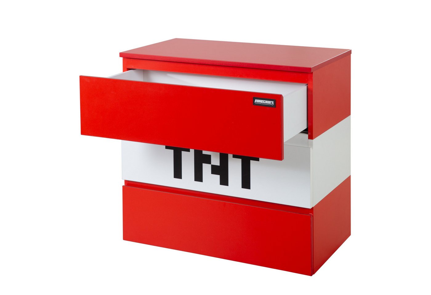 Minecraft Kommode TNT mit 3 Schubladen - roter / weißer Korpus aus Holz, Sideboard aus Holz mit Soft-Close - in Minecraft TNT Design – Bild 4 von 5
