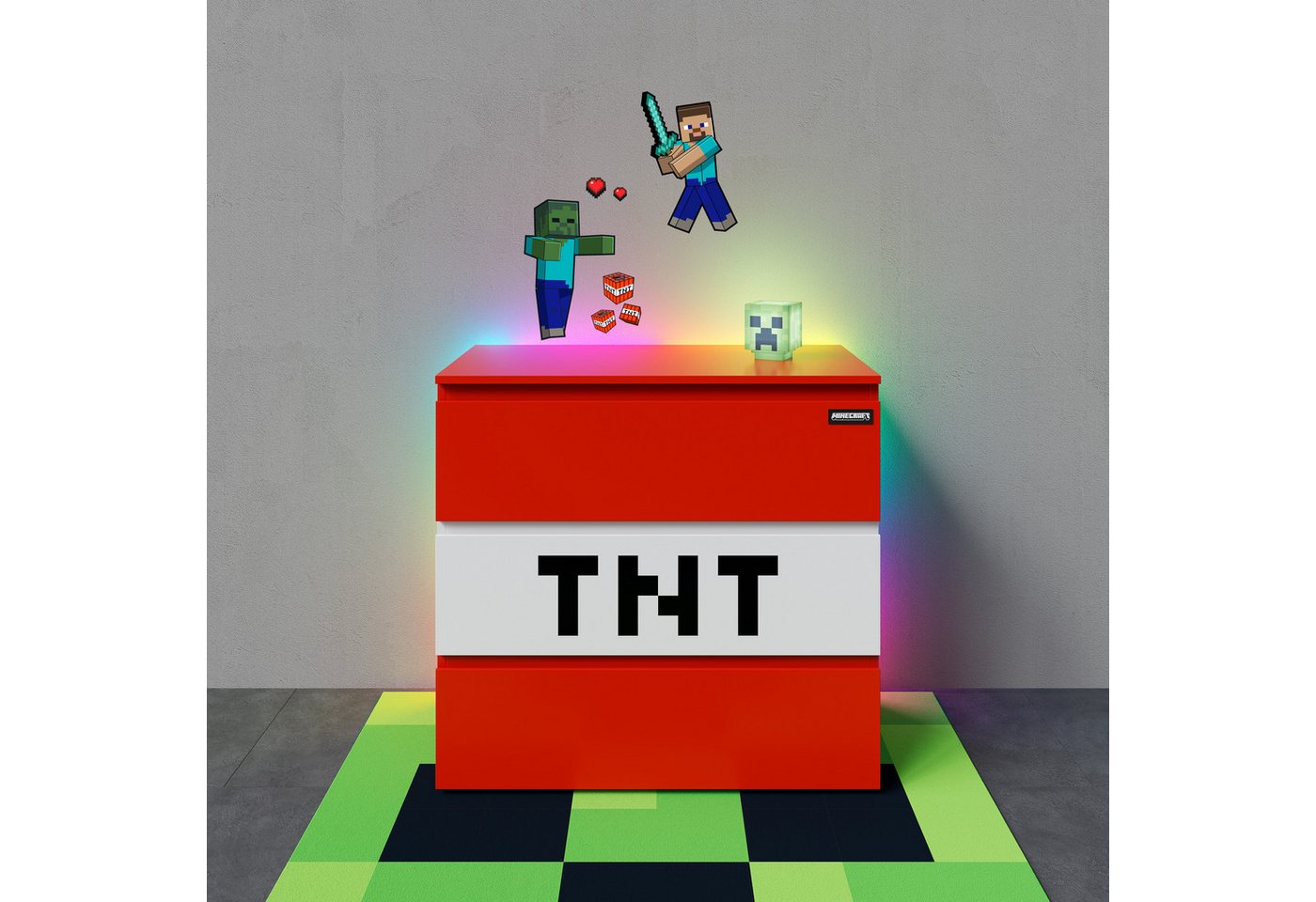 Minecraft Kommode TNT mit 3 Schubladen - roter / weißer Korpus aus Holz, Sideboard aus Holz mit Soft-Close - in Minecraft TNT Design – Bild 5 von 5