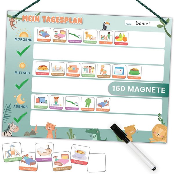 Mini Mindz Magnettafel Tagesplaner Kinder - Montessori Magnettafel mit 160 Magnete & Stift, Mit Kordel - Komplett beschreib- und abwischbar