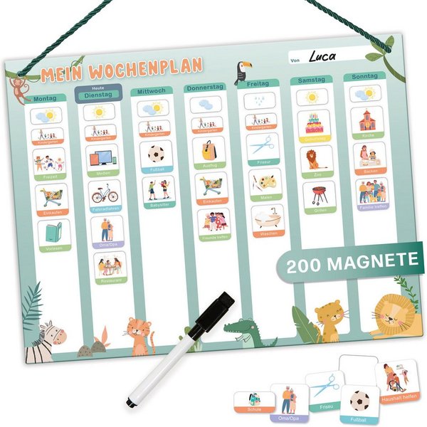 Mini Mindz Magnettafel Wochenplaner Kinder - Montessori Magnettafel mit 200 Magnete & Stift, Mit Kordel - Komplett beschreib- und abwischbar