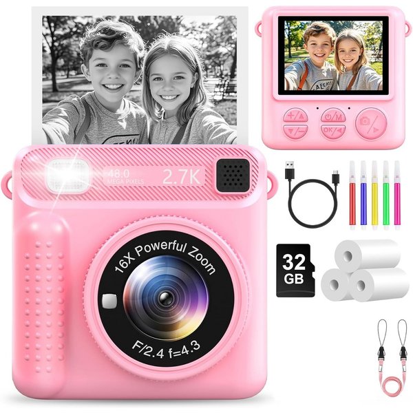 Minicloss 1080P 2,4 Zoll Bildschirm KinderKamera mit 32G Karte & Druckpapier Sofortbildkamera (30 MP)