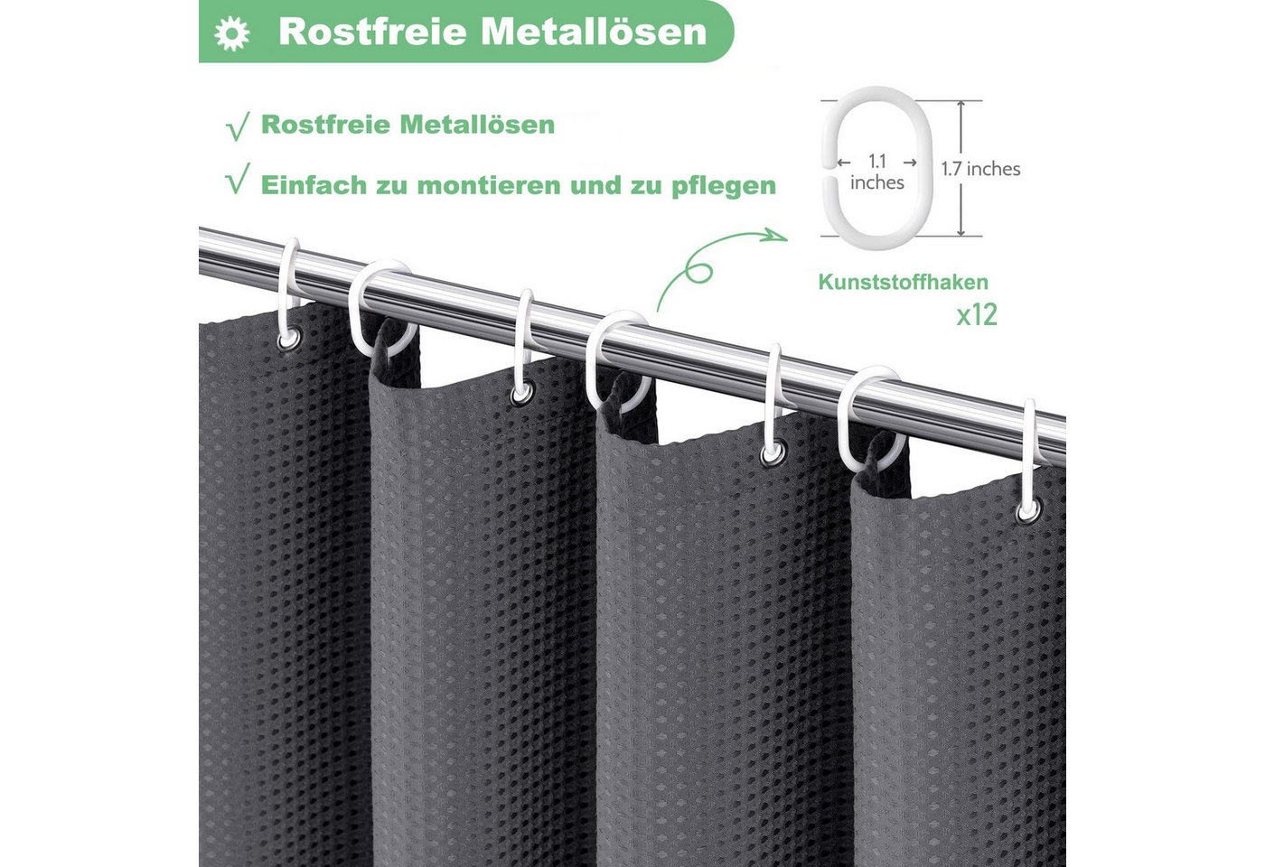 Minicloss Duschvorhang Duschvorhang aus Waffelstoff, wasserabweisend, waschbar & extra dick Breite 180 cm (1-tlg), strukturierter Stoffvorhang für Badezimmer – Bild 5 von 5