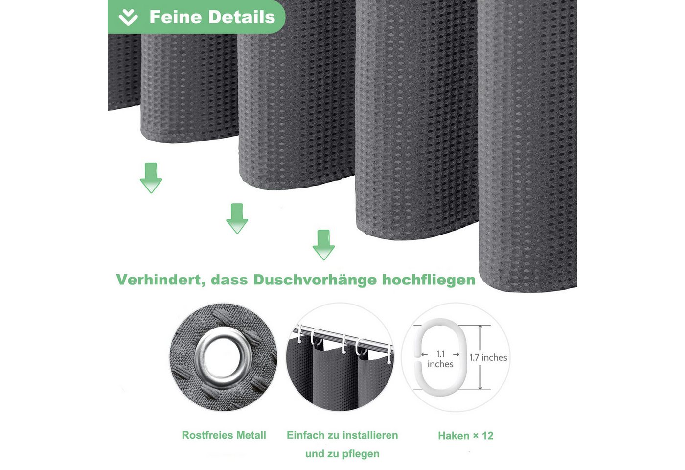 Minicloss Duschvorhang Duschvorhang aus Waffelstoff, wasserabweisend, waschbar & extra dick Breite 180 cm (1-tlg), strukturierter Stoffvorhang für Badezimmer – Bild 4 von 5