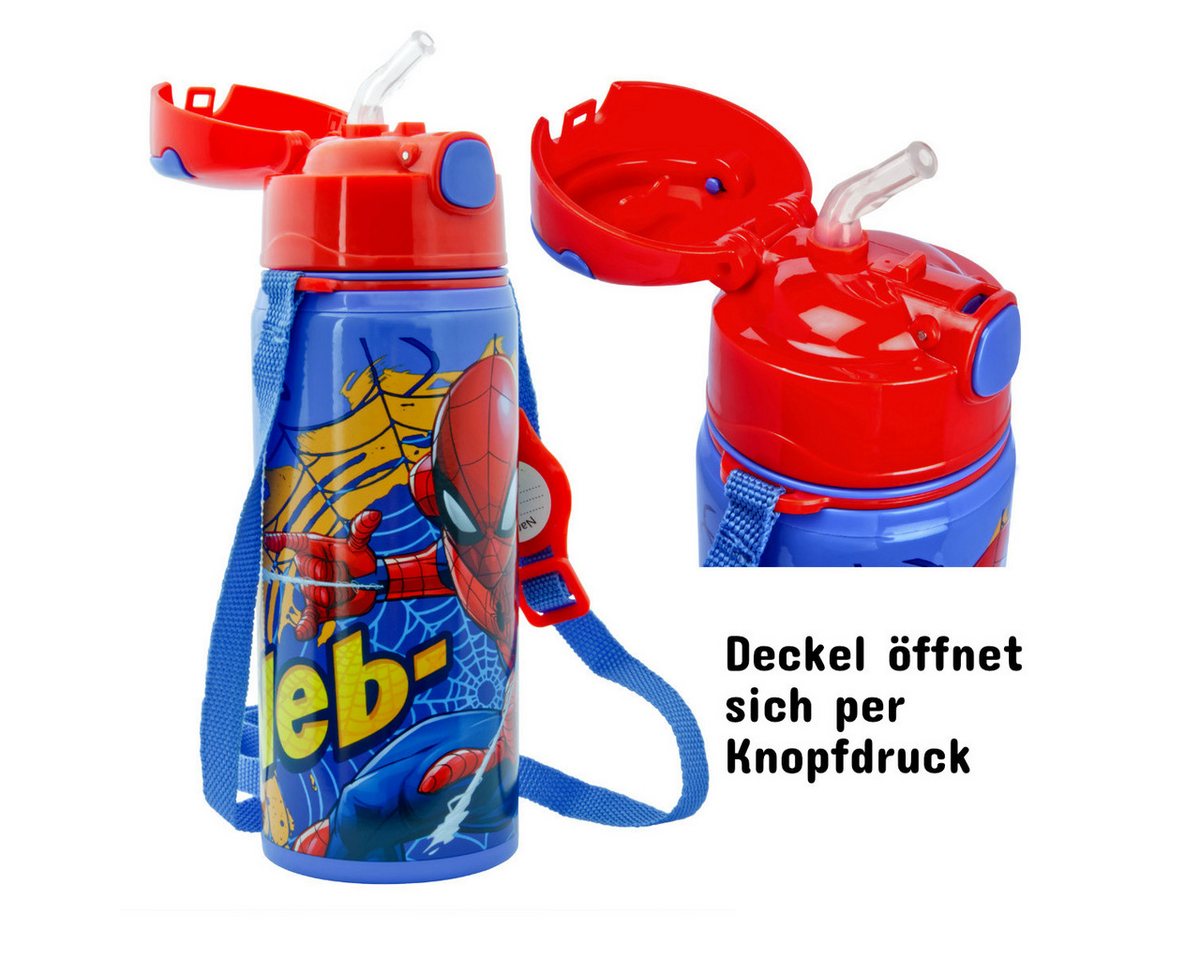 miniHeld Trinkflasche Kinder Trinkflasche Spiderman 600ml Blau Tragegurt Alu Marvel Held – Bild 3 von 5