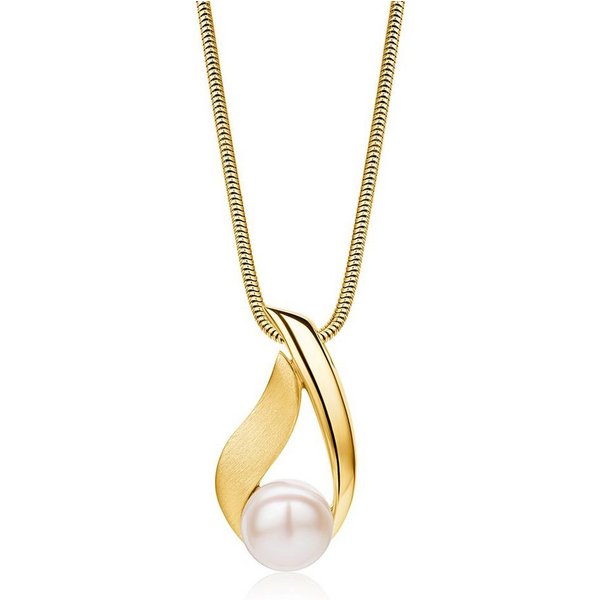 Miore Perlenkette Damen 925 Silber oder Silber 18K vergoldet - Perlenanhänger 13 x 24 mm, Perlengröße 8 mm - Schlangenkette 45 cm