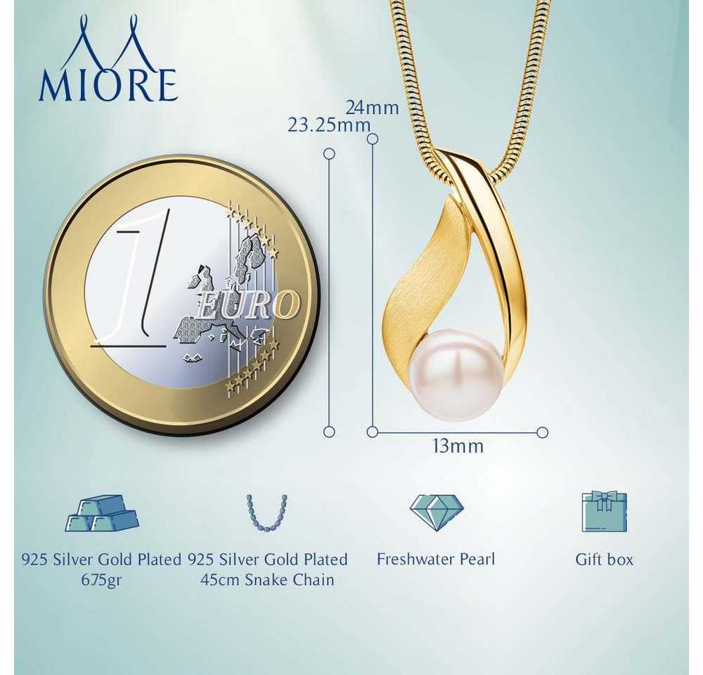 Miore Perlenkette Damen 925 Silber oder Silber 18K vergoldet - Perlenanhänger 13 x 24 mm, Perlengröße 8 mm - Schlangenkette 45 cm – Bild 3 von 5