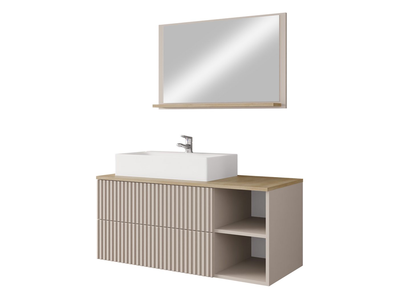 MIRJAN24 Badmöbel-Set Kertos Rillen I, (3er-Set, Spiegel, Waschbeckenschrank, Waschbecken), Fronten gefräst, Siphon – Bild 2 von 5