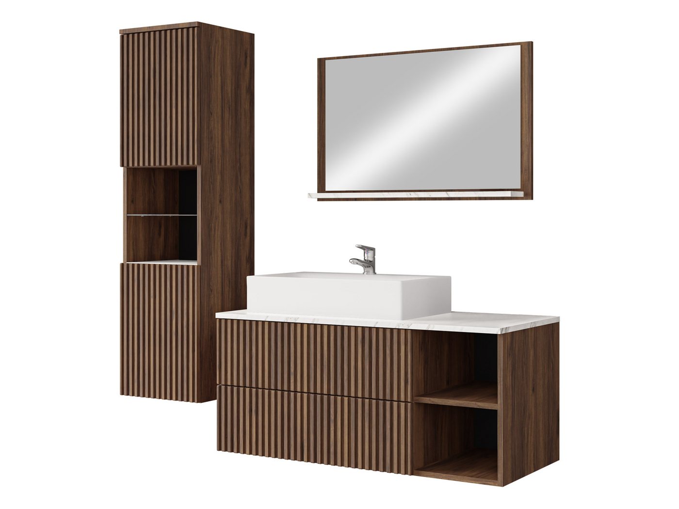 MIRJAN24 Badmöbel-Set Kertos Rillen II, (4er-Set, Spiegel, Waschbeckenschrank, Waschbecken, Schrank), Fronten gefräst, Siphon – Bild 2 von 5