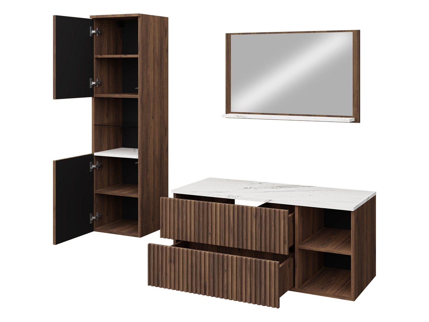 MIRJAN24 Badmöbel-Set Kertos Rillen II, (4er-Set, Spiegel, Waschbeckenschrank, Waschbecken, Schrank), Fronten gefräst, Siphon – Bild 3 von 5