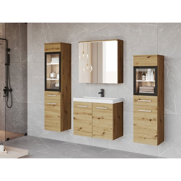 MIRJAN24 Badmöbel-Set Madrit II, (5er-Set, Waschbeckenschrank, 2x Hochschrank, Spiegelschrank, Waschbecken), mit Siphon, LED-Beleuchtung als Option